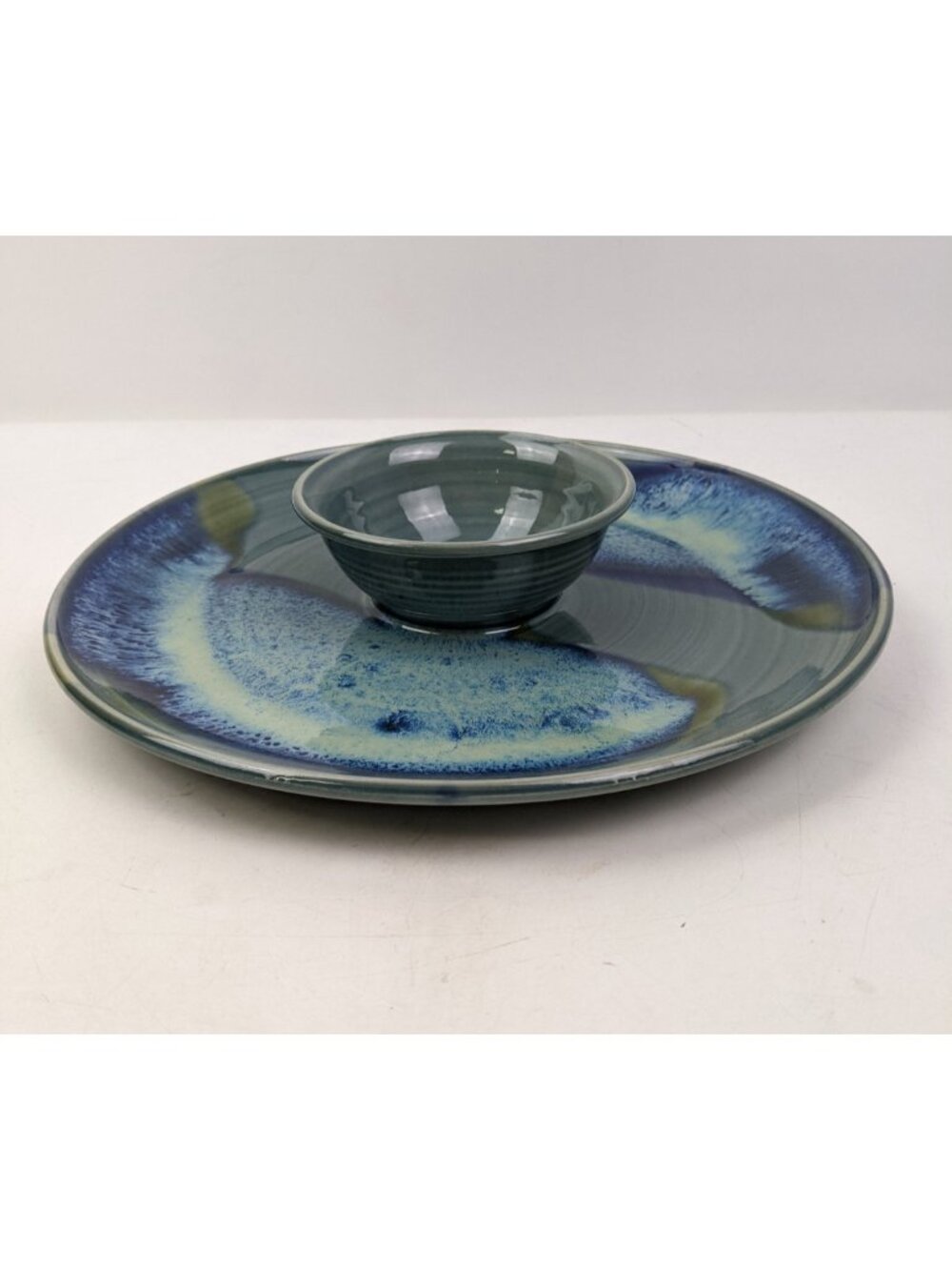 Studio Art Pottery Chip & Dip Serving Plate Hand Thrown Attached Bowl 11” Signed
